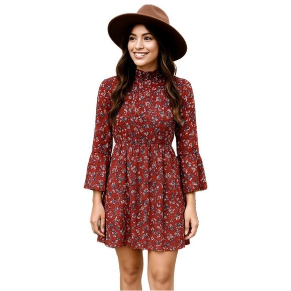 Mini Dress Boho Floral Smocked Semi Sheer Bell Sleeve Red Small City Triangles - Picture 3 of 17